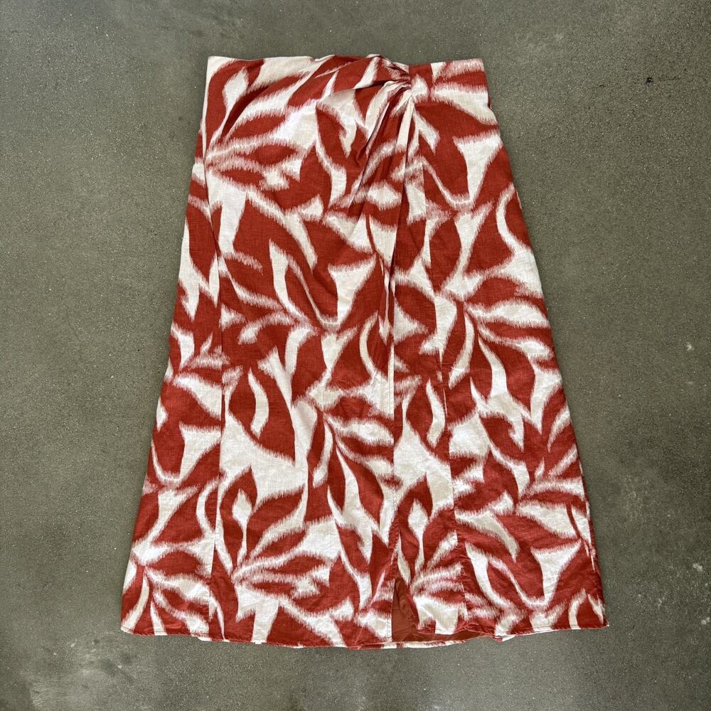 Banana Republic Linen Blend Tulip Midi Skirt Rustic Orange Palm Print Size 6